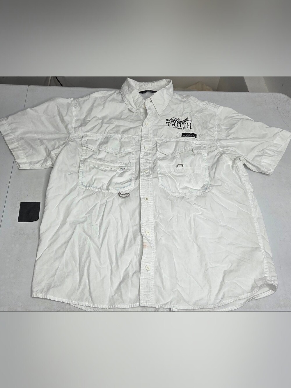 Eddie Bauer Mens Medium White Utility Fishing Shirt Hard Truth Distilling Vented